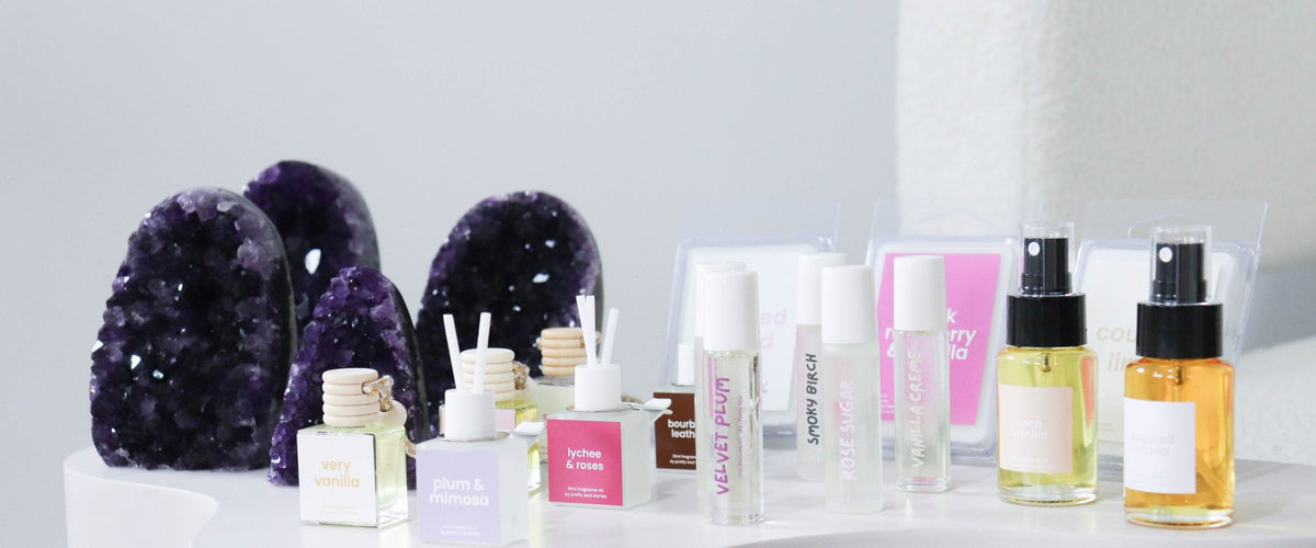 Amethyst clusters with Pretty Soul Stories car diffusers, perfume oils and fragrance mists