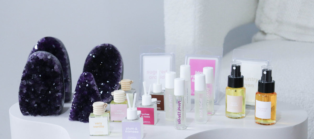 Amethyst cathedrals and clusters with Pretty Soul Stories fragrance